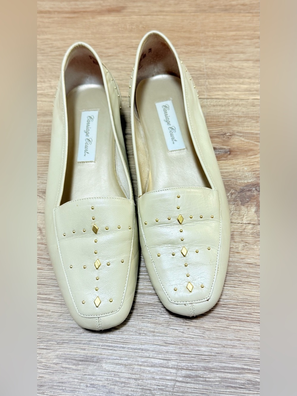 Vintage Carriage Court Cream Leather Studded Loafers for Women